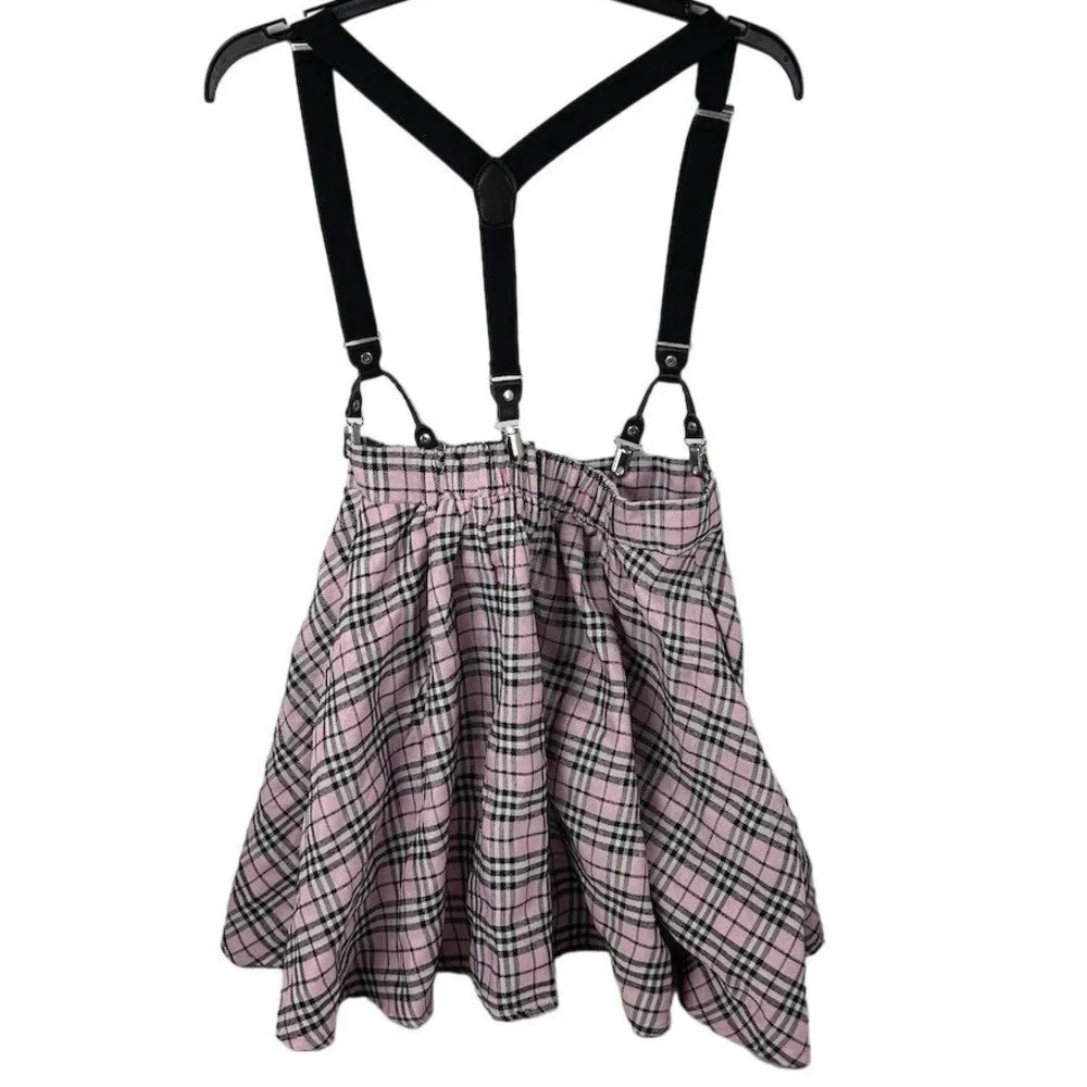 Hot Topic Pink Black Plaid Pleated Mini Skirt W/ Suspenders Size M